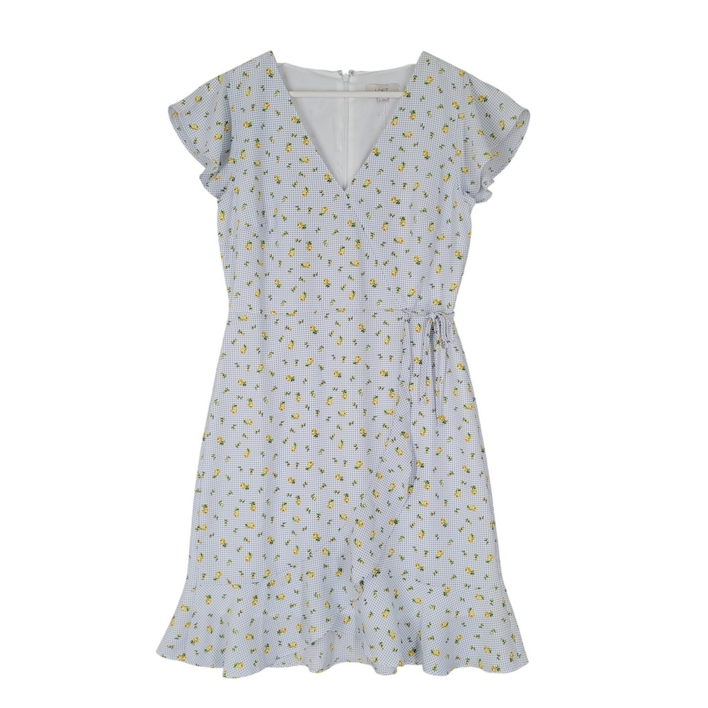 LOFT Wrap Dress Womens 0 Blue Gingham Yellow Floral Flutter Sleeve Ruffle‎ NEW